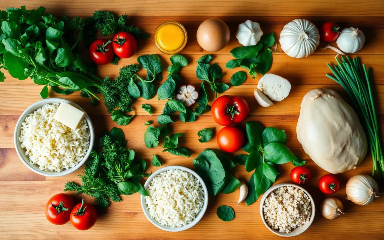 Overhead view of fresh vegetables, herbs, and pantry staples on a wooden counter